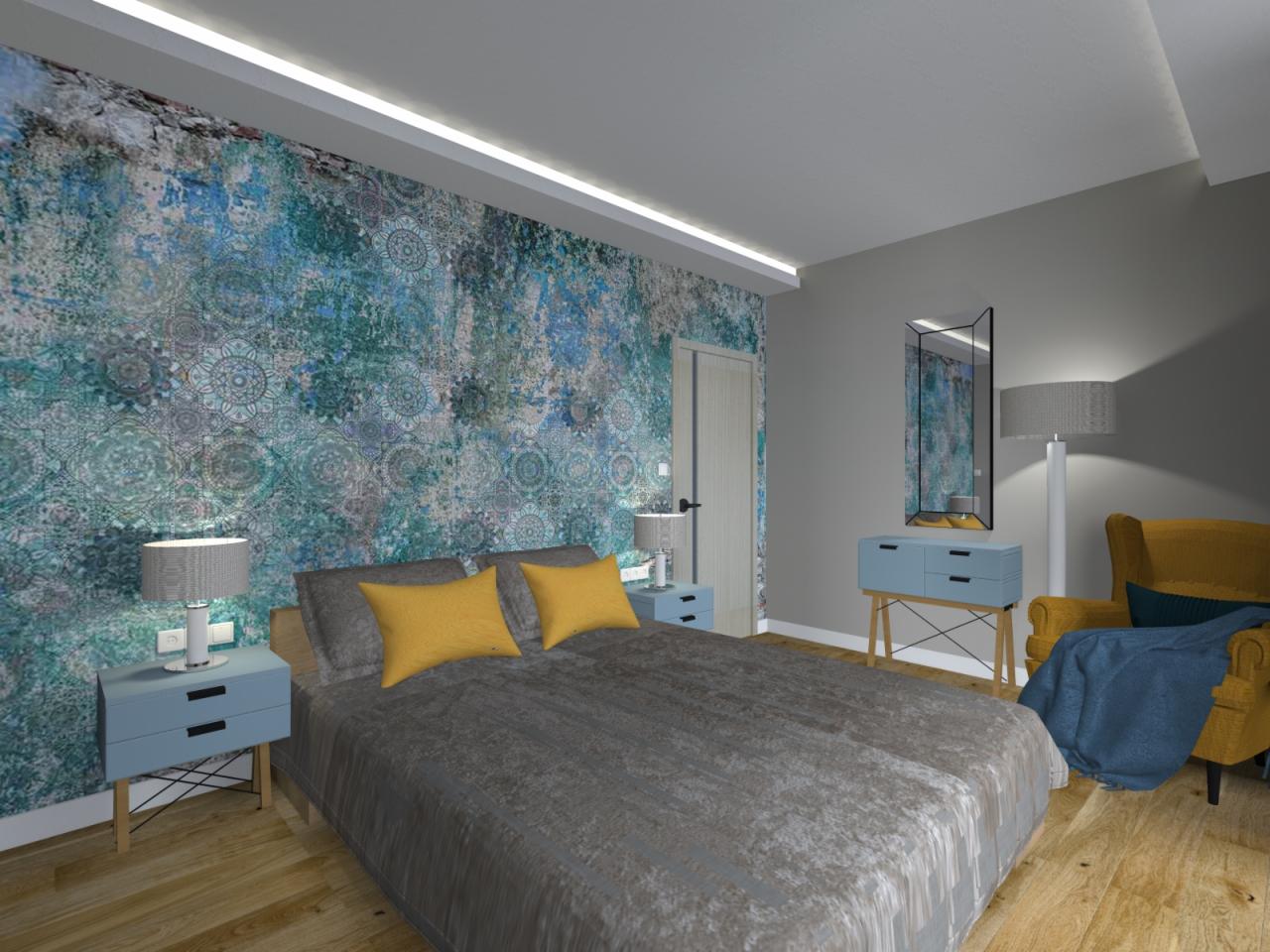 Wizualizacja sypialni z łóżkiem, szafkami nocnymi i fotelami, wyróżniająca się wzorzystą tapetą w odcieniach błękitu i szarości, oraz oświetleniem LED w suficie.