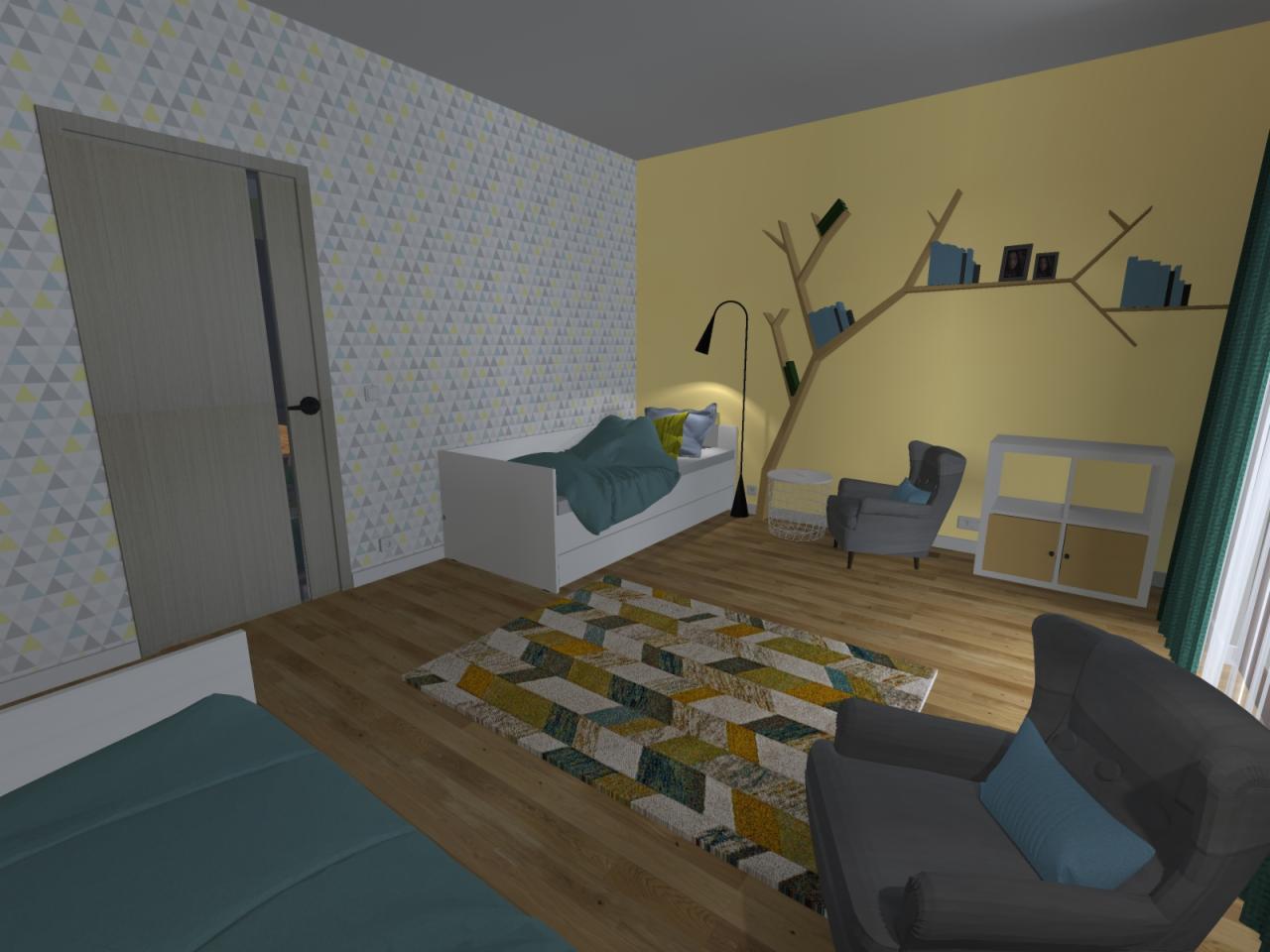 Wizualizacja pokoju dziecięcego z dwoma łóżkami, szarą sofą z niebieską poduszką, dywanem w geometryczne wzory, ścianą w trójkąty i żółtą ścianą z półką w kształcie drzewa.