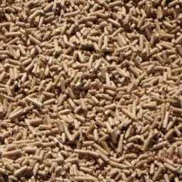 Beżowe granulki biopaliwa ułożone gęsto, widoczne nierówności w strukturze niektórych granulek.