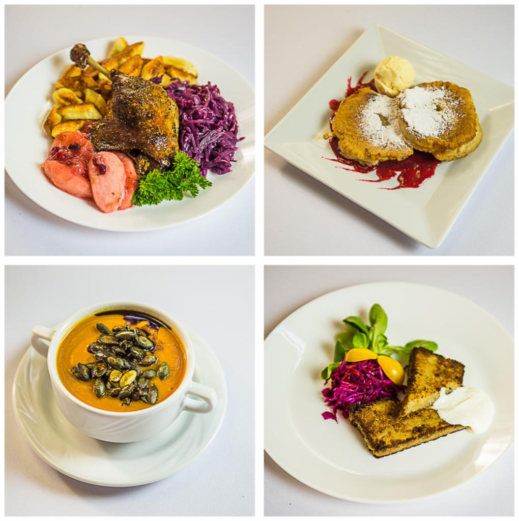 Kolaż czterech dań: pieczona kaczka z ziemniakami i czerwoną kapustą, racuchy z cukrem pudrem i sosem malinowym, krem z dyni z prażonymi pestkami, grzanki z sałatką i sosem.