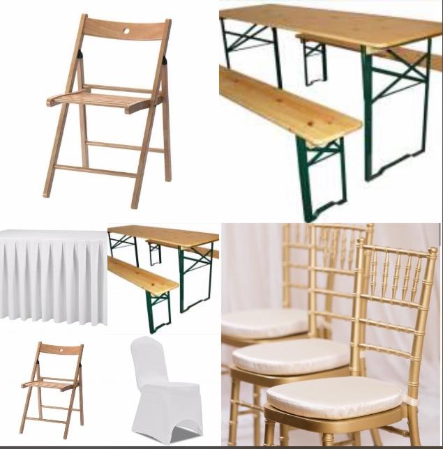 Kompozycja różnych typów krzeseł i stołów: składane drewniane krzesło z otworem, stół piknikowy z ławkami, biały obrus bankietowy, krzesło w pokrowcu i złote krzesła Chiavari z poduszkami.