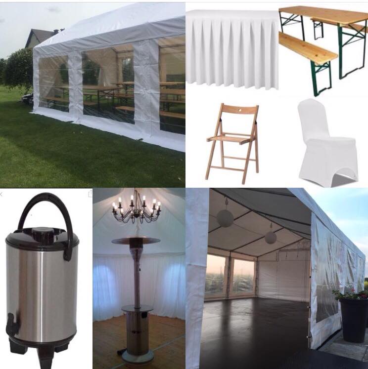 Kolaż prezentujący wyposażenie imprezowe: namiot z widocznymi stołami i ławkami, stół z plisowanym obrusem, drewniane krzesło składane, pokrowiec na krzesło, termos, ogrzewacz gazowy podwieszony...