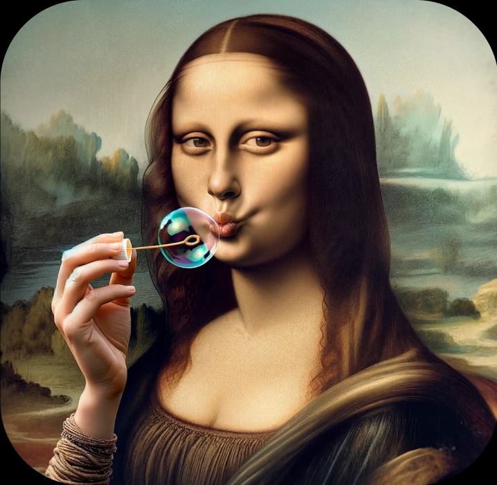 Mona Lisa dmucha bańki mydlane, nietypowe ujęcie klasycznego portretu, surrealistyczna interpretacja, humorystyczny akcent, jasne kolory, gładka faktura.