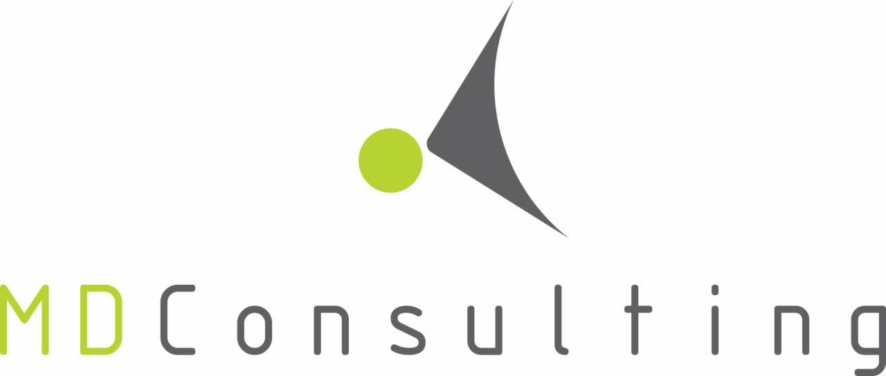 Logo firmy MD Consulting z zielonym okręgiem i szarym elementem graficznym przypominającym strzałkę skierowaną w górę.