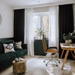 Domowy gabinet w stylu leśnym: zielona sofa, drewniany stolik-pień, biurko z laptopem i lampką, krzesło z drewnianym oparciem, okno z czarno-białymi zasłonami, dekoracje w postaci roślin i rowerka.