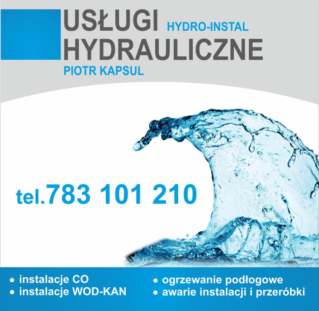 Grafika reklamowa firmy hydraulicznej z motywem wody i numerem telefonu.