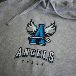 Szara bluza z kapturem z nadrukowanym logo 'Angels Toruń' w kolorach błękitnym, białym i szarym, widoczna z bliska, ułożona na płasko.