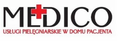 Logo firmy MEDICO z czerwonym krzyżem i napisem 'USŁUGI PIELĘGNIARSKIE W DOMU PACJENTA' poniżej.