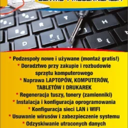 Ulotka reklamowa serwisu komputerowego z laptopem, stetoskopem, klawiaturą i śrubokrętem, oferującego szeroki zakres usług.