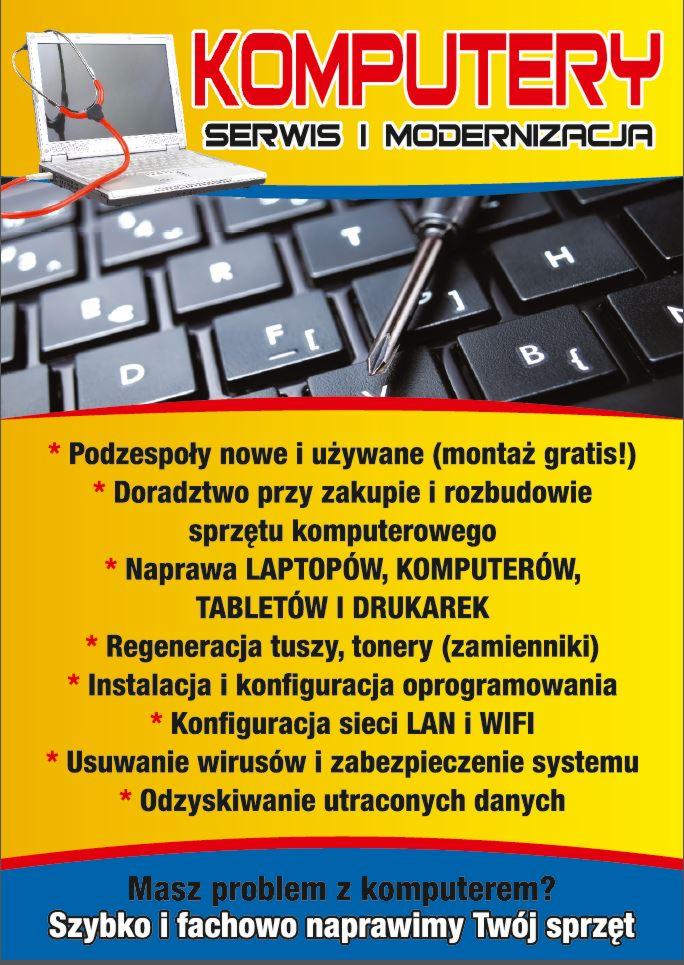 Ulotka reklamowa serwisu komputerowego z laptopem, stetoskopem, klawiaturą i śrubokrętem, oferującego szeroki zakres usług.