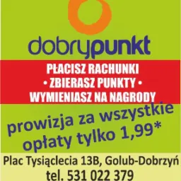 Reklama punktu płatności rachunków z informacją o niskiej prowizji i programie lojalnościowym, adres i numer telefonu.