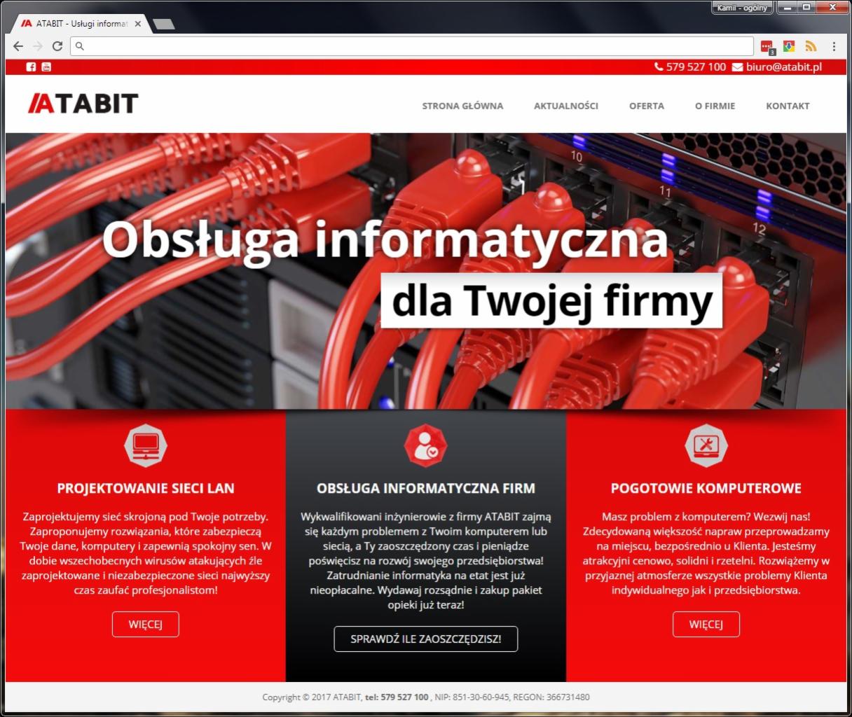 Strona internetowa firmy Atabit.pl z widocznymi czerwonymi kablami sieciowymi wpiętymi do serwera. Na pierwszym planie napis: Obsługa informatyczna dla Twojej firmy.
