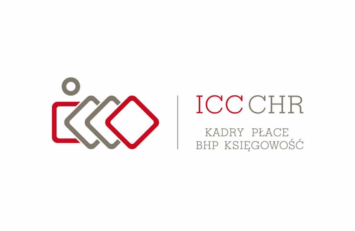 Logo firmy ICC CHR z abstrakcyjnym symbolem reprezentującym ludzi i kwadraty, obok nazwa firmy i hasło: Kadry Płace BHP Księgowość.