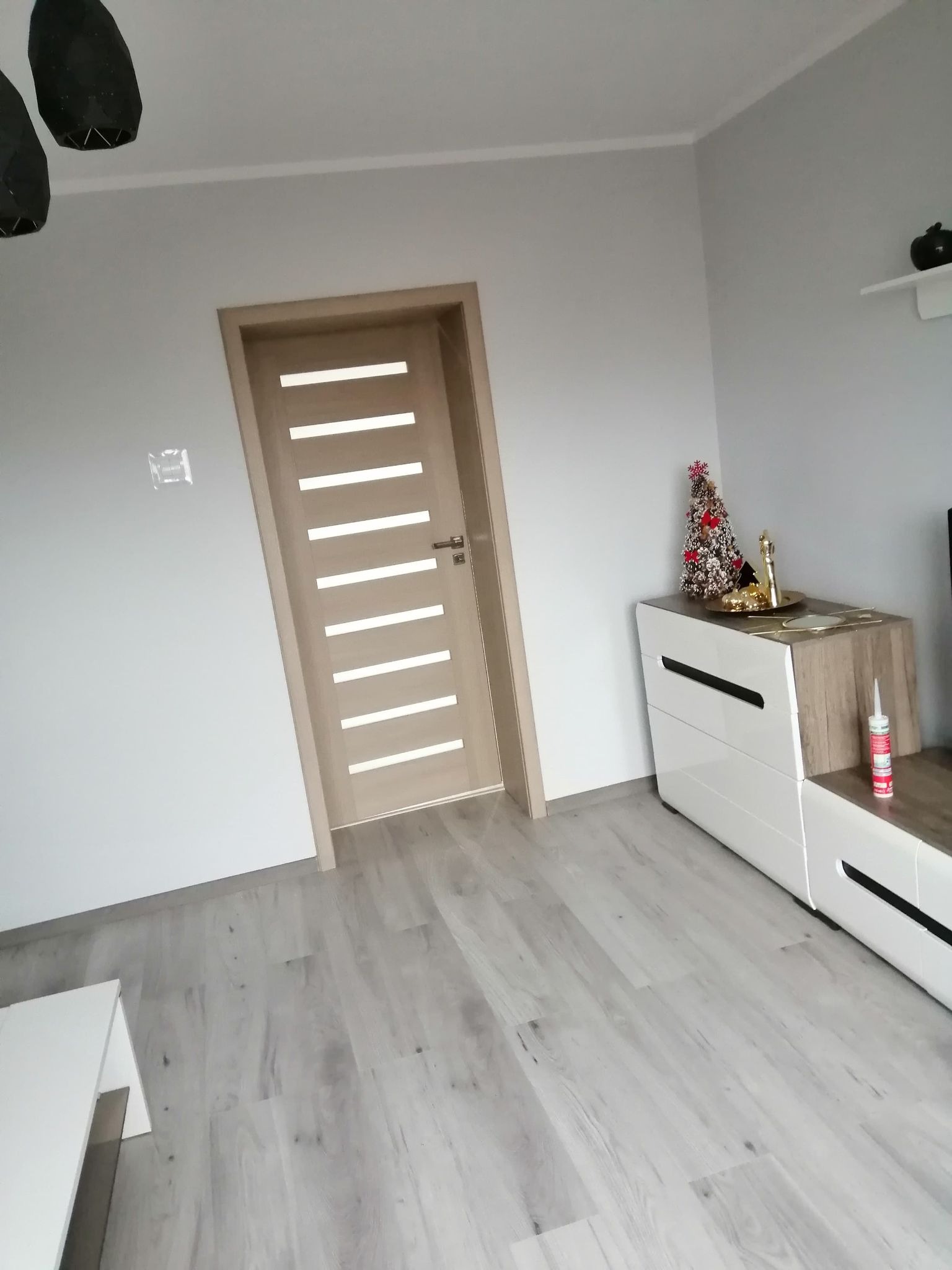 Nowoczesne wnętrze z gładkimi, szarymi ścianami, drewnianą podłogą, drzwiami z poziomymi przeszkleniami i niską szafką RTV z dekoracjami świątecznymi.