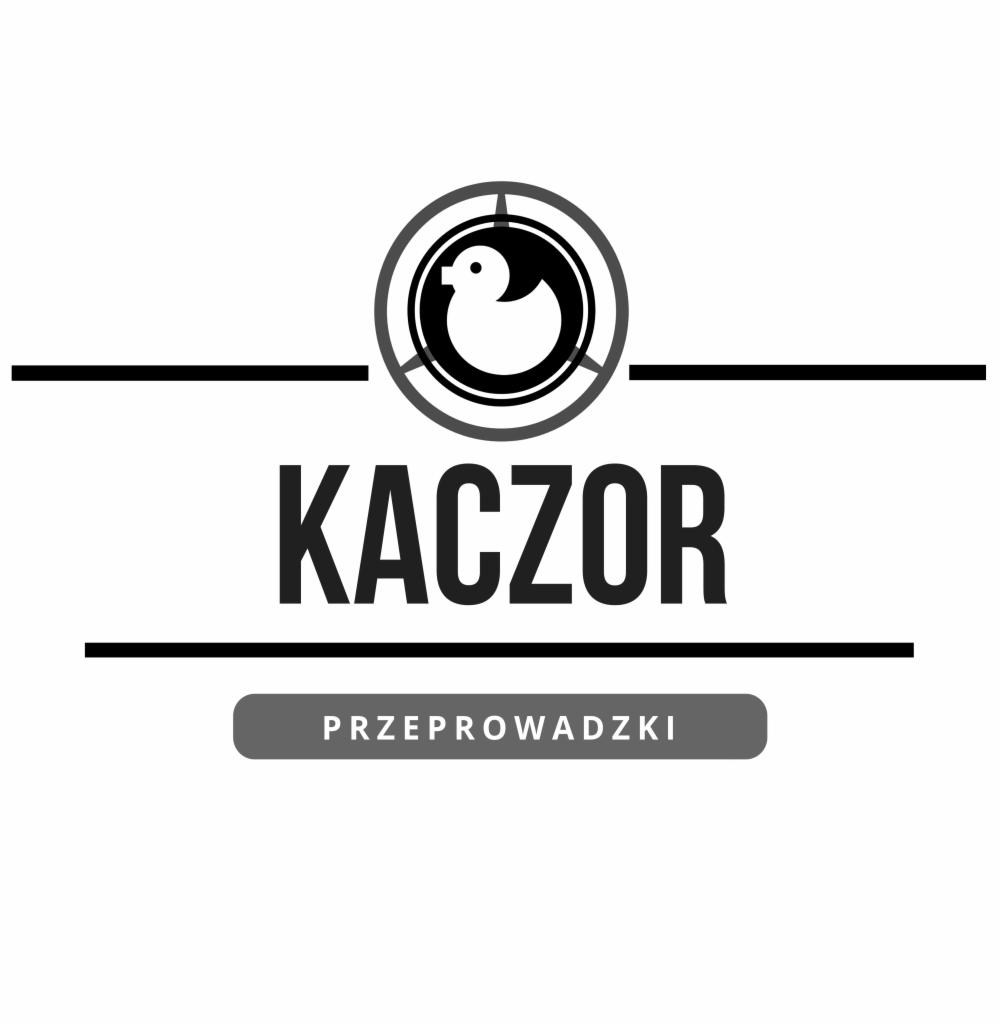 Logo firmy 'KACZOR' z symbolem kaczki w okręgu i napisem 'PRZEPROWADZKI' na szarym tle.