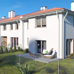 Wizualizacja szeregu nowoczesnych domów jednorodzinnych z białymi elewacjami i czerwoną dachówką, z ogrodem, na którym mężczyzna relaksuje się na tarasie w towarzystwie psa.