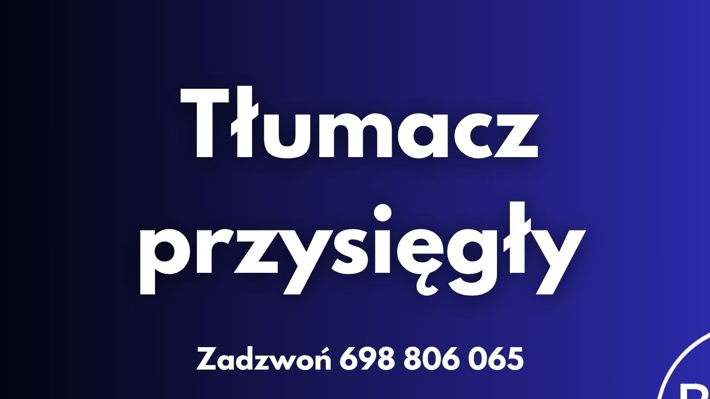 Napis 'Tłumacz przysięgły' w kolorze białym na ciemnoniebieskim tle. Pod spodem numer telefonu.