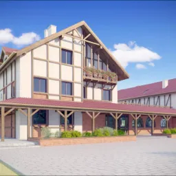 Wizualizacja dwukondygnacyjnego budynku w stylu rustykalnym z elementami muru pruskiego, czerwonym dachem i drewnianą kolumnadą, balkon z kwiatami, jasne niebo z chmurami w tle.