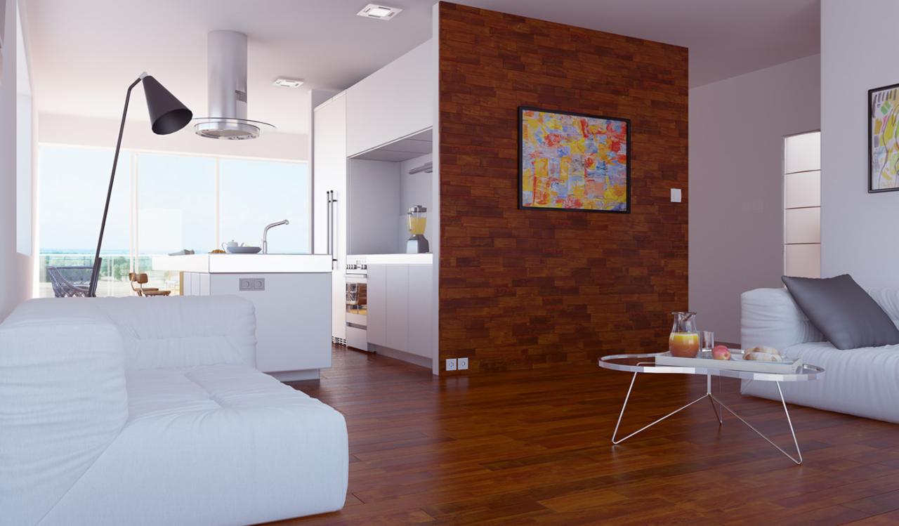 Nowoczesne wnętrze z otwartą kuchnią, drewnianą ścianą akcentującą i minimalistycznym stolikiem kawowym z napojami i przekąskami.