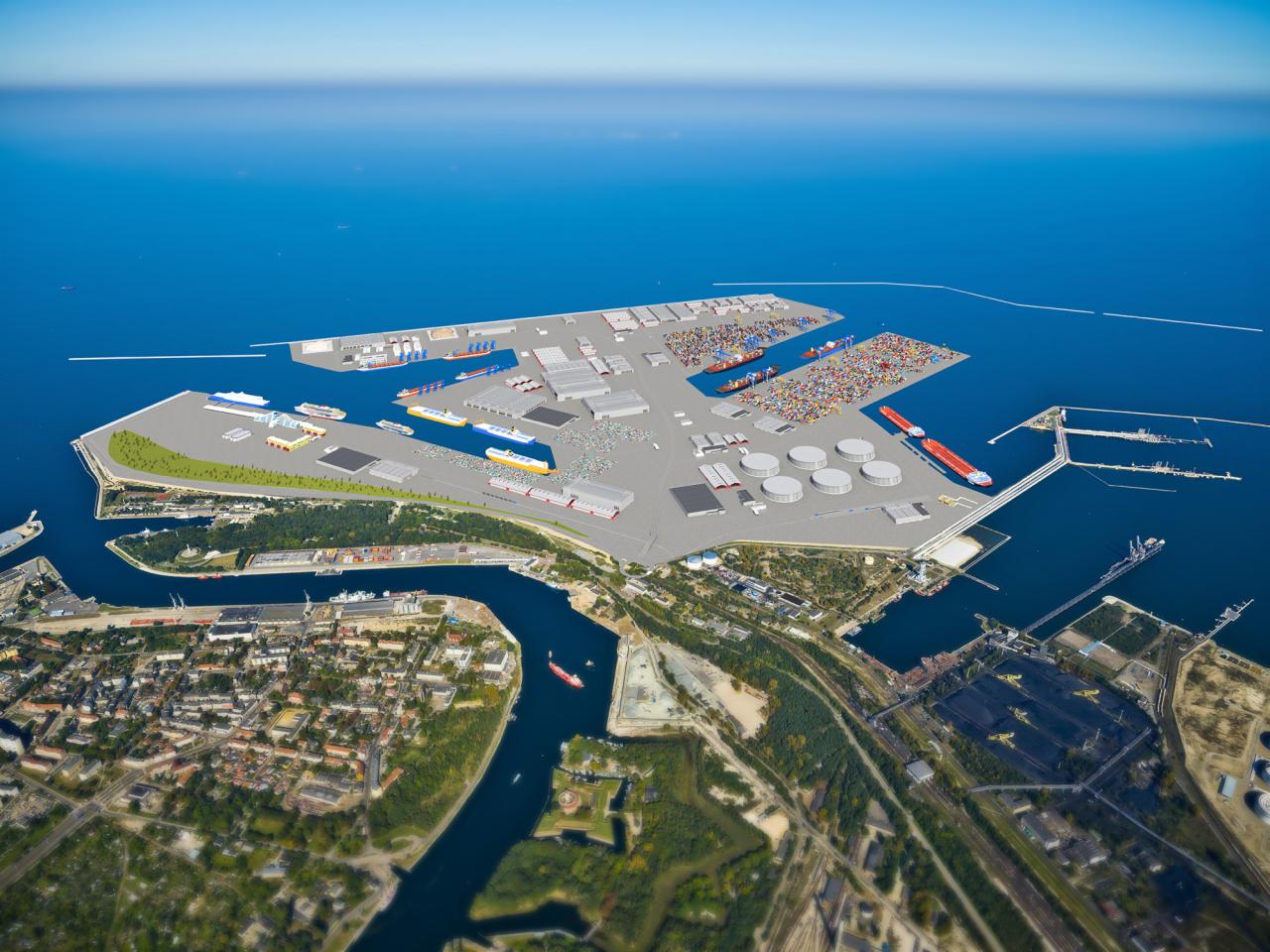 Wizualizacja z lotu ptaka przedstawiająca rozległy port z nabrzeżami, statkami, kontenerami i infrastrukturą, otoczony miastem i otwartym morzem.