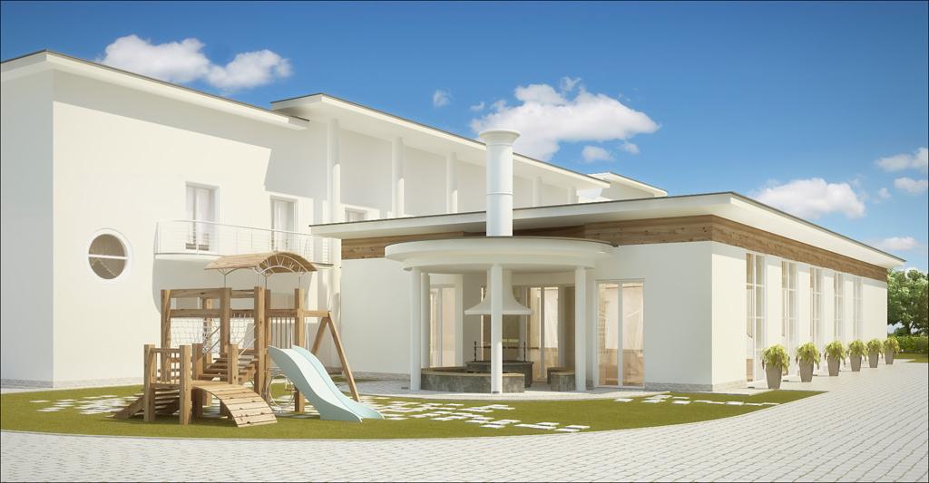 Wizualizacja nowoczesnego, białego domu z placem zabaw dla dzieci i zewnętrznym grillem pod zadaszeniem, widok z perspektywy ogrodu.