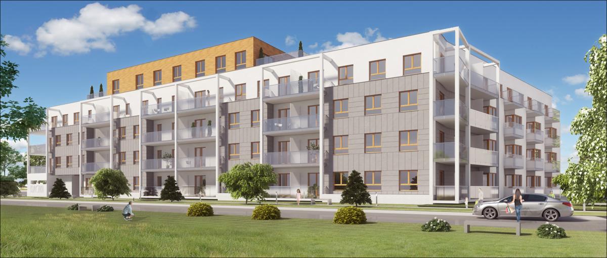 Wizualizacja zewnętrzna nowoczesnego budynku wielorodzinnego z balkonami, wykończonego w bieli i szarości, z elementami drewna na ostatniej kondygnacji, otoczonego zielenią i z zaparkowanym...