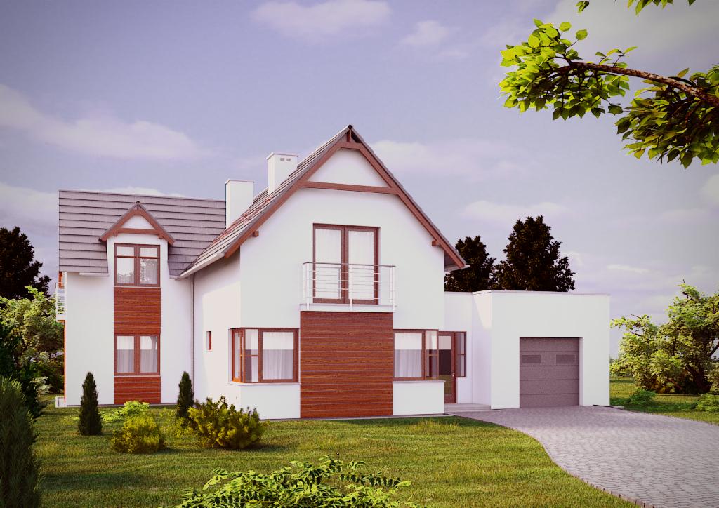 Wizualizacja dwukondygnacyjnego domu jednorodzinnego z garażem, z białymi ścianami, drewnianymi elementami elewacji i szarą dachówką, otoczonego zielonym trawnikiem i roślinnością.