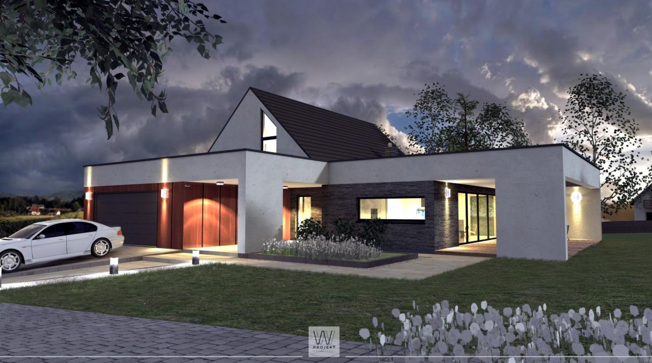 Wizualizacja nowoczesnego domu jednorodzinnego z garażem i elementami elewacji z szarej cegły, oświetlonego lampami zewnętrznymi, z białym samochodem osobowym zaparkowanym na podjeździe.