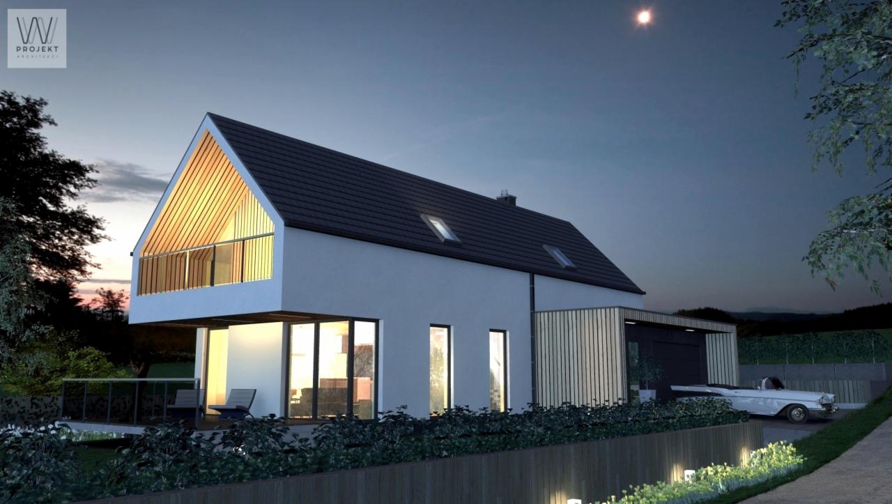 Nowoczesny dom jednorodzinny z płaskim dachem i drewnianą elewacją, oświetlony wieczornym światłem, z widocznym klasycznym samochodem w tle.