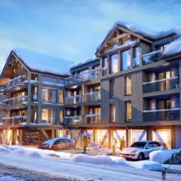 Wizualizacja budynku apartamentowego w Szklarskiej Porębie w zimowej scenerii; drewniana elewacja, balkony z szklanymi balustradami, śnieg na dachu i w otoczeniu, oświetlone wnętrza, osoby...