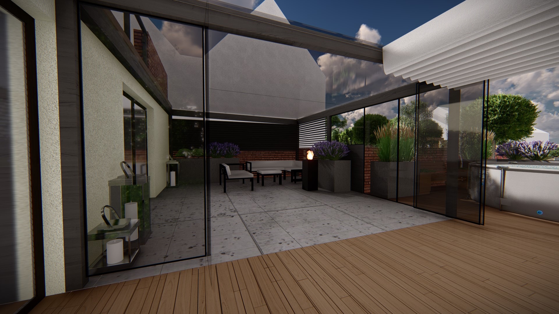 Taras betonowy i drewniany z zadaszeniem