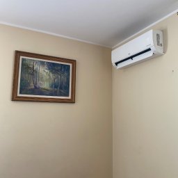 FHU Elektro-Matic - Wnętrze pokoju z zamontowaną na ścianie białą jednostką klimatyzacyjną LG Dual Inverter, ustawioną nad obrazem w złotej ramie przedstawiającym leśny krajobraz.