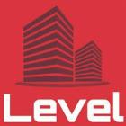 Czerwone logo firmy Level z abstrakcyjnym symbolem dwóch wieżowców w tle, umieszczone na jednolitym czerwonym tle.
