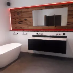 Nowoczesna łazienka z wanną wolnostojącą, podwójną umywalką na szafce w kolorze czarnym i lustrem w drewnianej ramie podświetlonej czerwonym neonem.