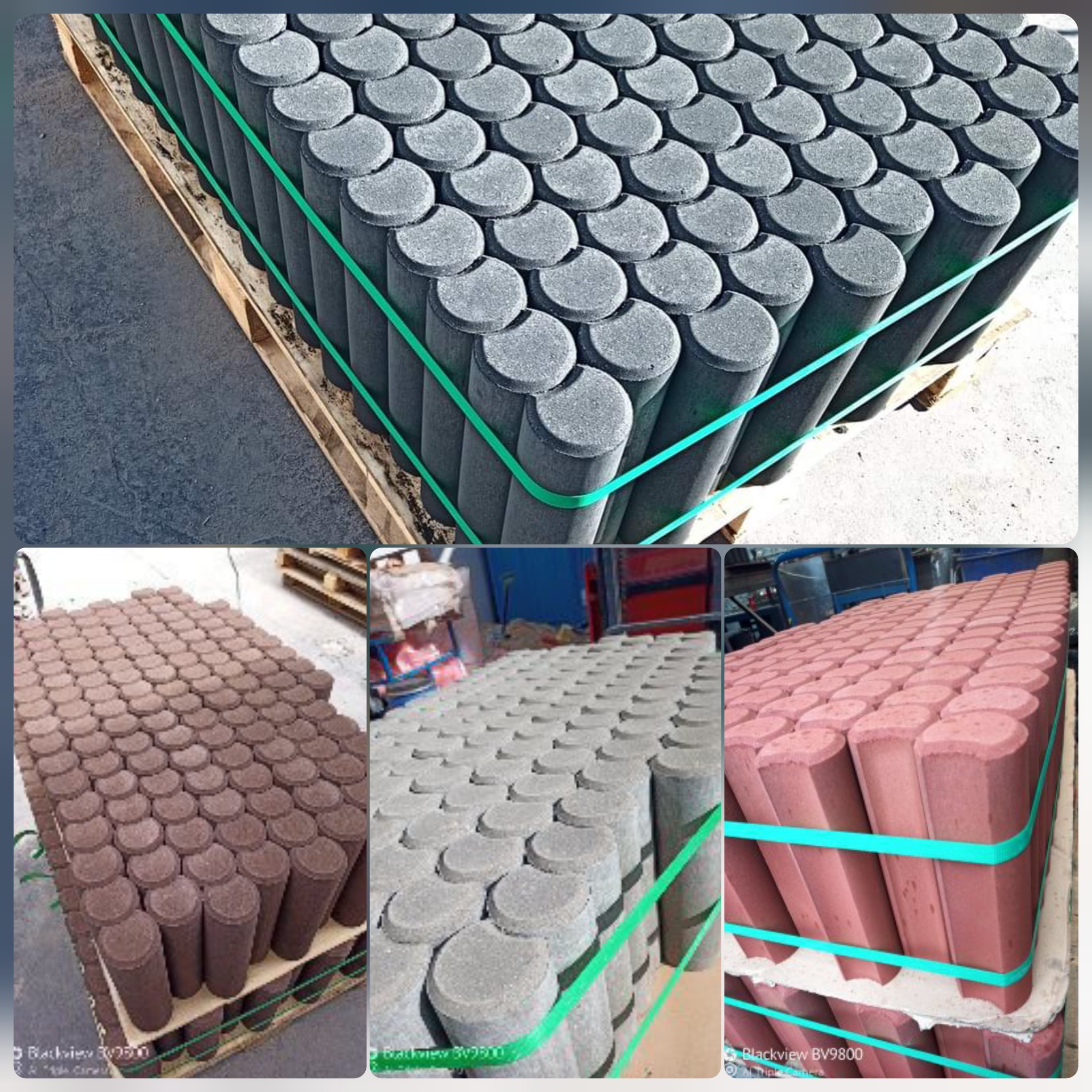 Palety z cylindrycznymi elementami betonowymi o zaokrąglonych krawędziach, spięte zieloną taśmą, w odcieniach szarości, brązu i czerwieni.