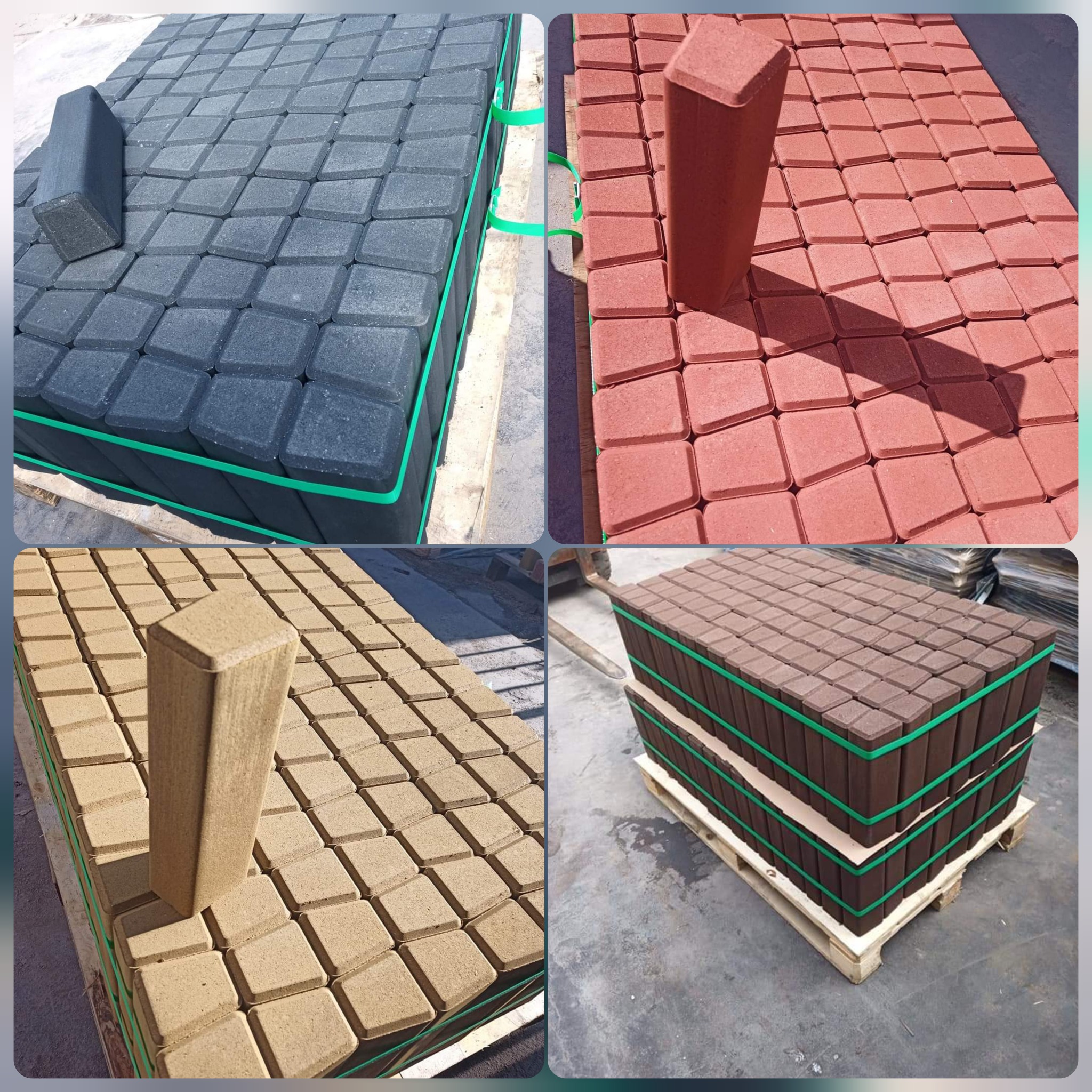 Kompozycja czterech ujęć palet z kostką brukową w różnych kolorach: szarym, czerwonym, beżowym i brązowym, zabezpieczonych zieloną taśmą.