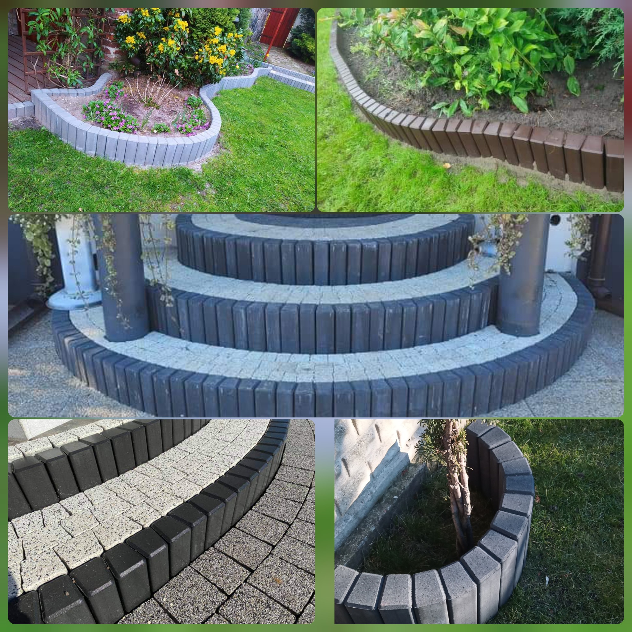 Mozaika zdjęć prezentująca różne aranżacje ogrodu i nawierzchni z wykorzystaniem obrzeży betonowych, w tym rabaty kwiatowe, schody i ścieżki, z różnymi kolorami i fakturami kostki.