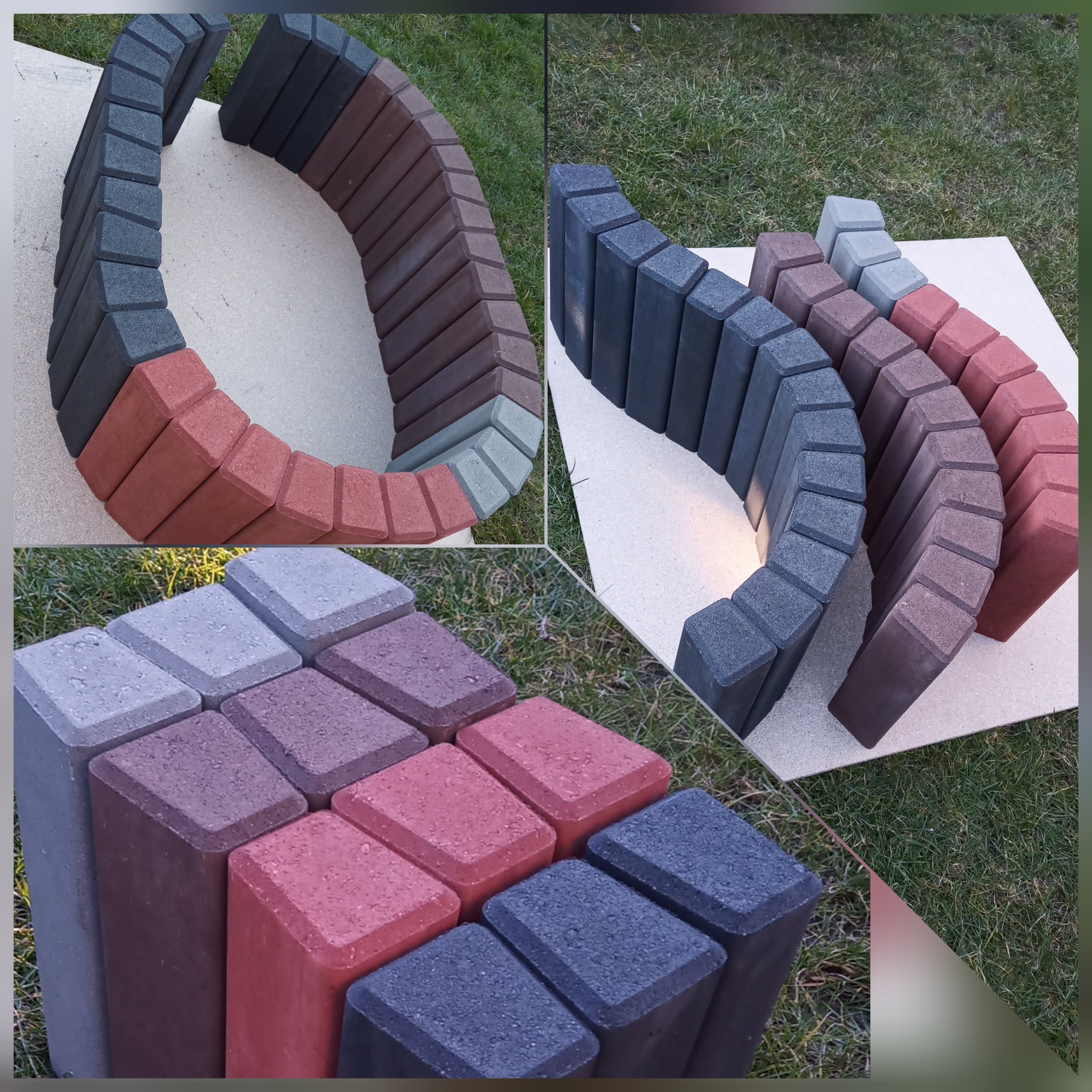 Prezentacja kolorystyki i faktury betonowych obrzeży trawnikowych w odcieniach szarości, brązu i czerwieni, ułożonych łukiem na płycie w otoczeniu trawy.