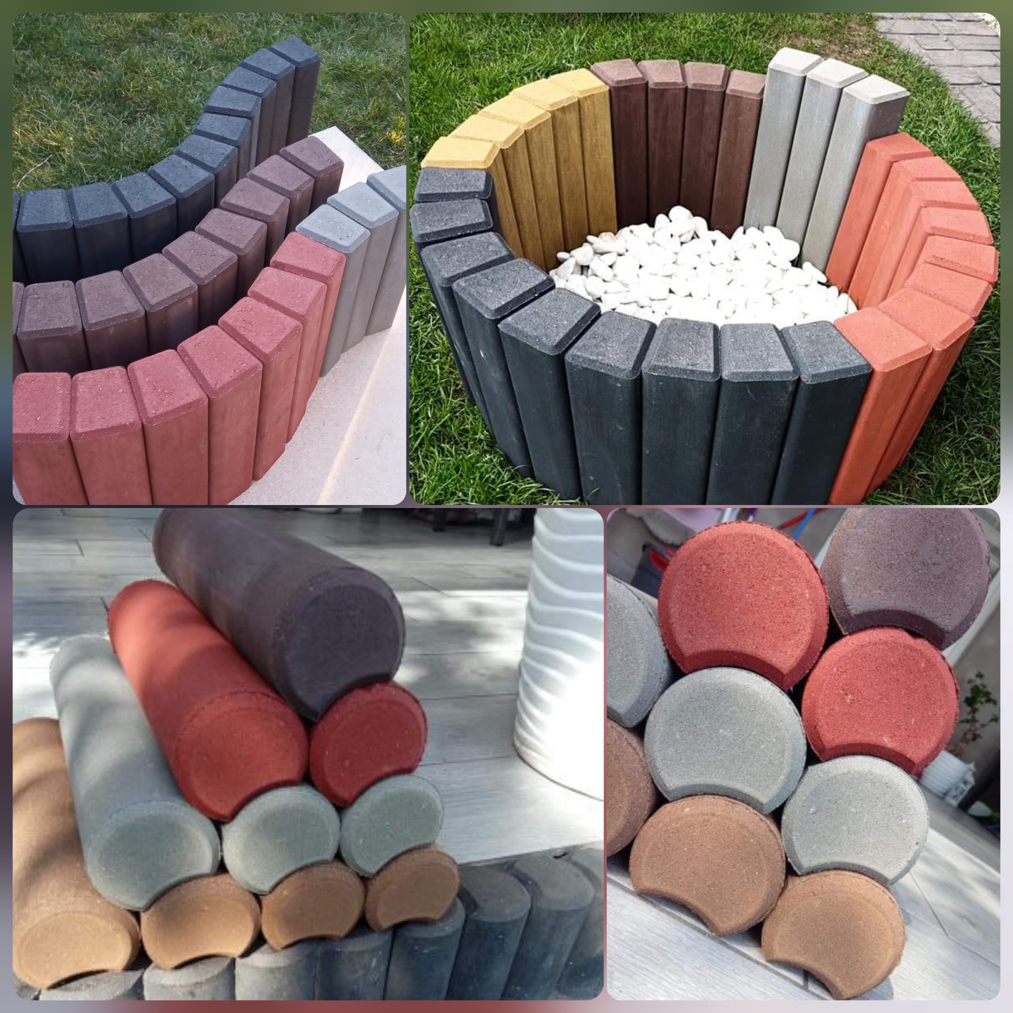 Kompozycja z różnokolorowych obrzeży trawnikowych i elementów nawierzchniowych z betonu na trawie i drewnianym podłożu, prezentacja produktów.