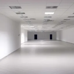 Puste, wysprzątane wnętrze biurowe z białymi ścianami, kafelkową podłogą i rzędem sufitowych lamp, gotowe do umeblowania.