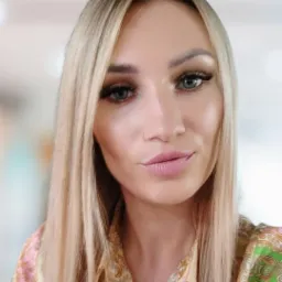 Portret kobiety z długimi blond włosami, delikatnym makijażem i wzorzystej koszuli na rozmytym tle.