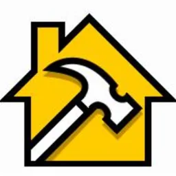 Żółty symbol domu z białym młotkiem w środku, czarny obrys, grafika wektorowa.