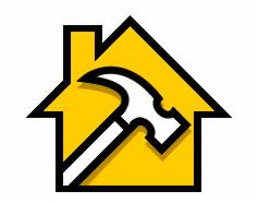 Żółty symbol domu z białym młotkiem w środku, czarny obrys, grafika wektorowa.