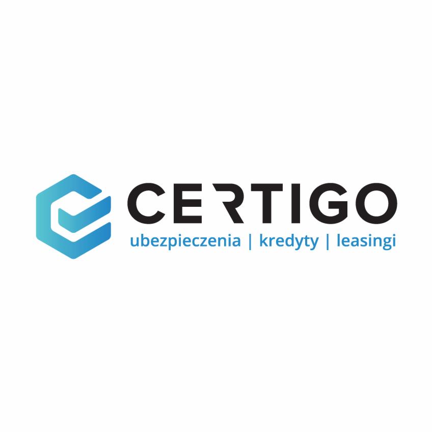 Logo firmy Certigo z gradientowym niebieskim symbolem sześcianu i czarnym napisem Certigo, pod którym znajduje się niebieski napis: ubezpieczenia | kredyty | leasingi.