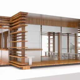 Wizualizacja budynku usługowego z drewnianą elewacją lamelową, dużymi przeszkleniami i drewnianym tarasem.