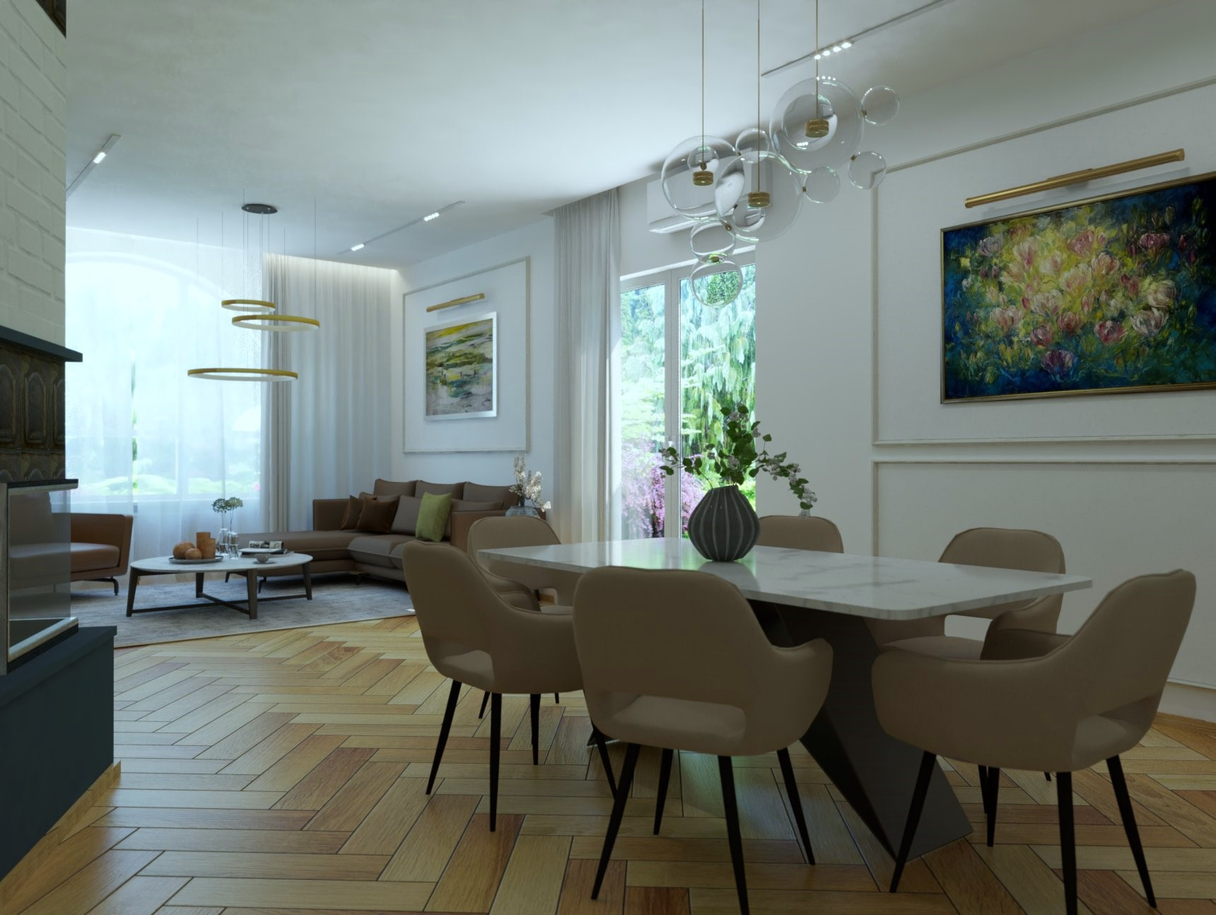 Jasne wnętrze rezydencji w Zabierzowie z parkietem w jodełkę, stołem z marmurowym blatem i beżowymi krzesłami. W tle widoczny salon z brązową sofą i obrazami na ścianach.