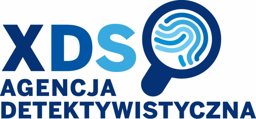 Logo Agencji Detektywistycznej XDS z motywem odcisku palca w lupie, utrzymane w odcieniach niebieskiego.