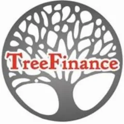 Logo firmy TreeFinance przedstawiające stylizowane drzewo z szarym pniem i koroną oraz czerwonym napisem TreeFinance na środku.