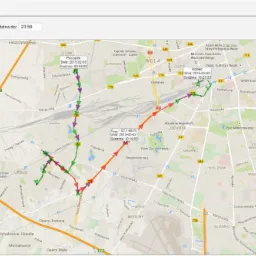 Mapa Warszawy z zaznaczoną trasą przejazdu pojazdu w dniu 2015-02-03, z widocznymi statystykami prędkości, dystansu i zużycia paliwa, oraz legendą kolorystyczną prędkości.