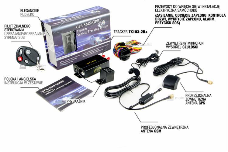 Kompletny zestaw do lokalizacji pojazdów: pudełko, pilot zdalnego sterowania, moduł GPS, okablowanie, mikrofon, anteny GPS i GSM oraz instrukcja obsługi w języku polskim i angielskim.